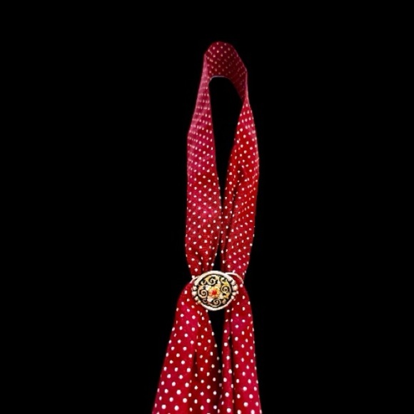 BOLO TIE & 1 1/4”, ROUND, SILVER/GOLD SCARF SLIDER. 48” SCARF IS DEEP RED COLOR - Picture 2 of 10